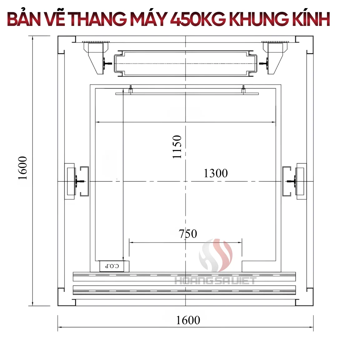 Bản Vẽ Kích Thước Thang Máy 450Kg Khung Kính 