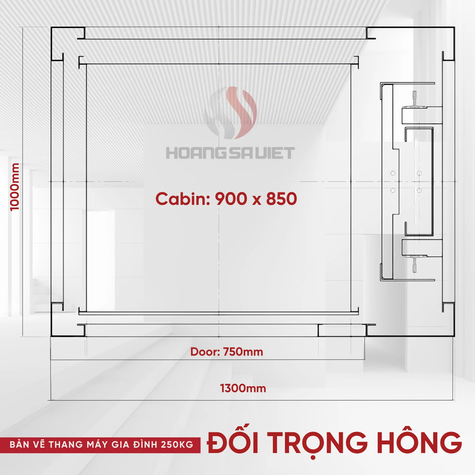 Bản Vẽ Kích Thước Thang Máy 250kg Đối Trọng Hông 