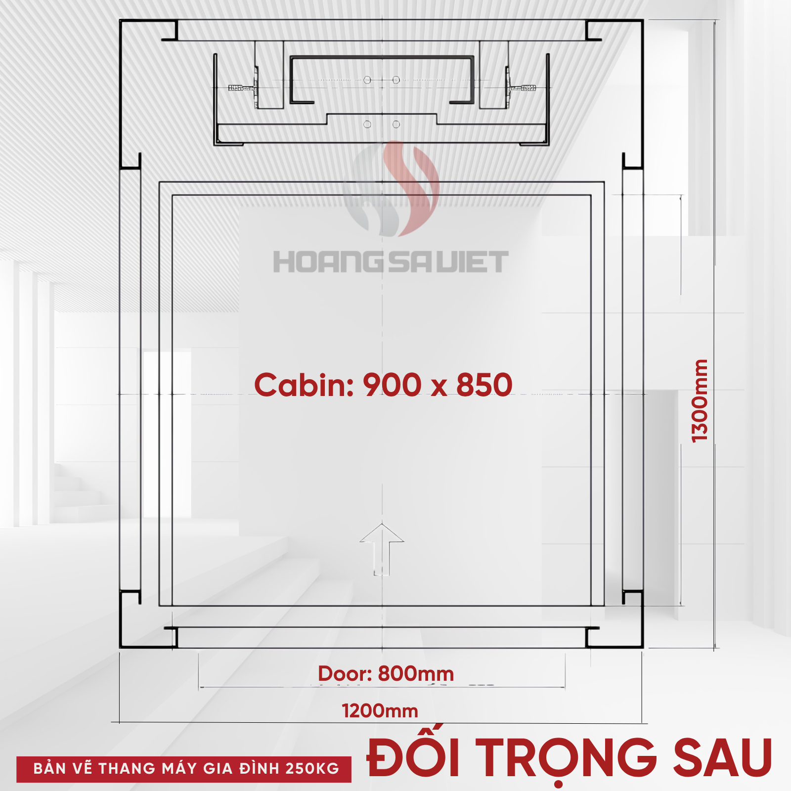 Bản Vẽ Kích Thước Thang Máy 250kg Đối Trọng Sau