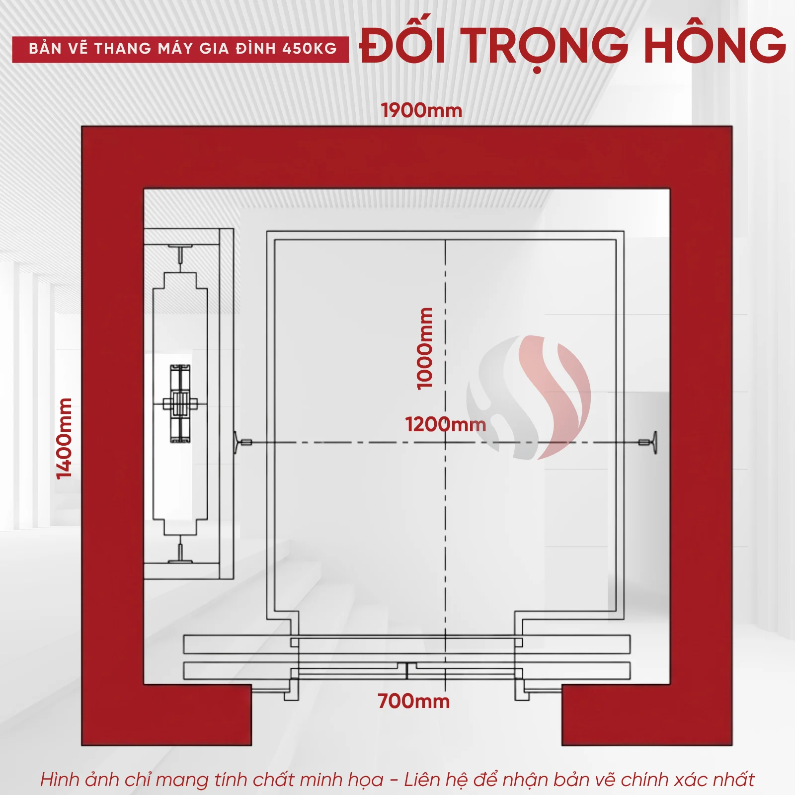 Kích Thước Thang Máy 450kg Đối Trọng Hông