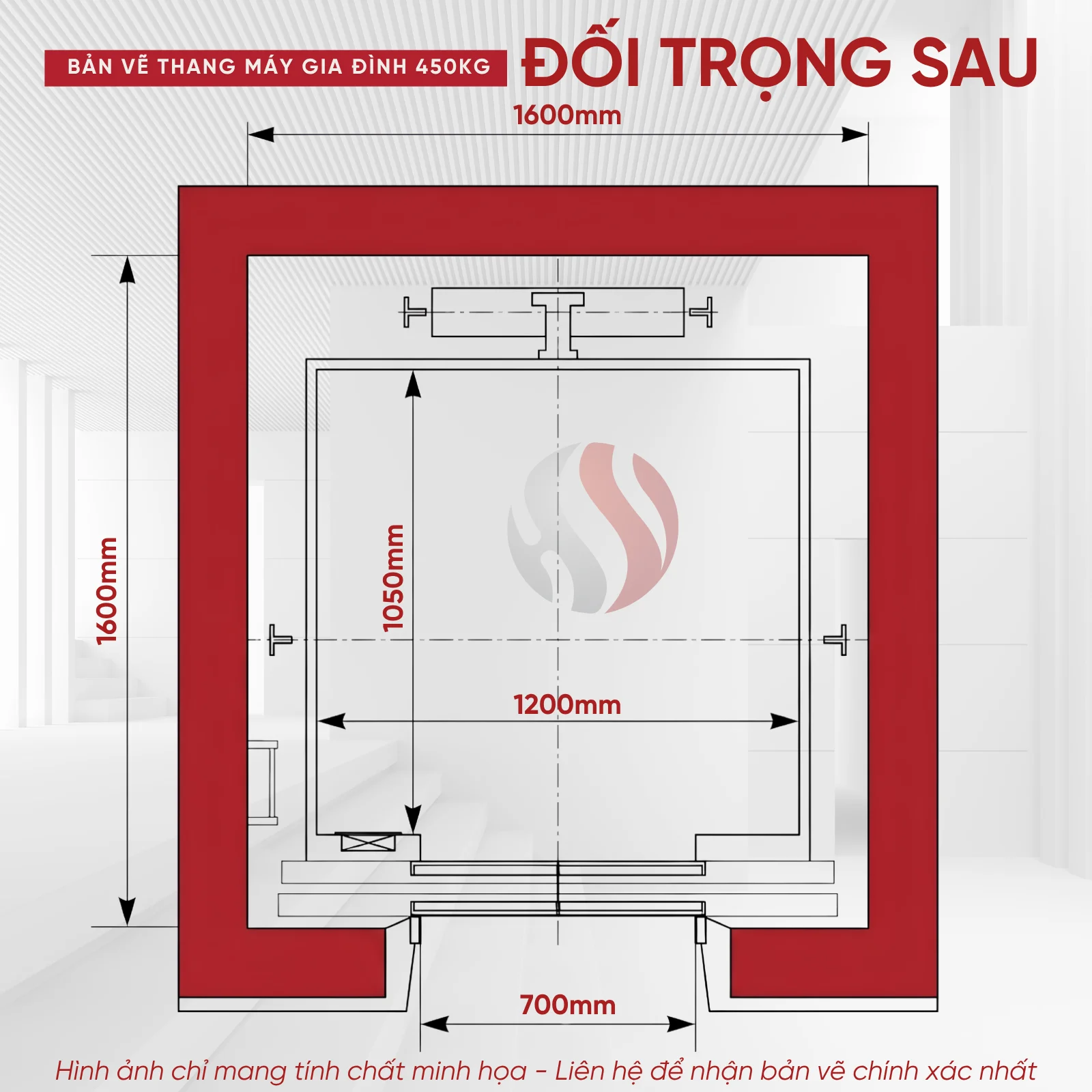 Kích Thước Thang Máy 450kg Đối Trọng Sau