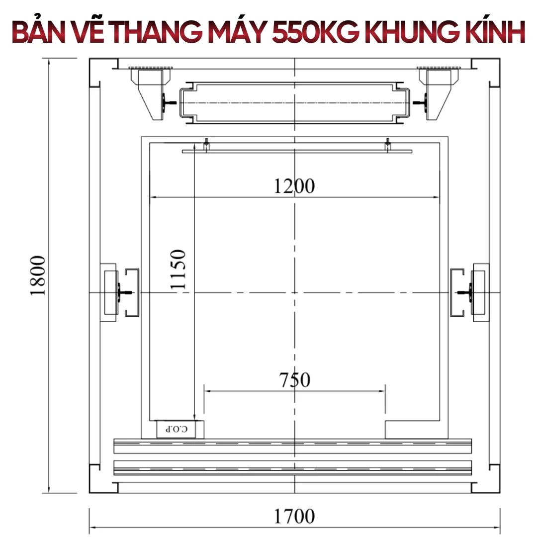 Bản Vẽ Chi Tiết Thang Máy 550kg - 630kg Khung Kính 