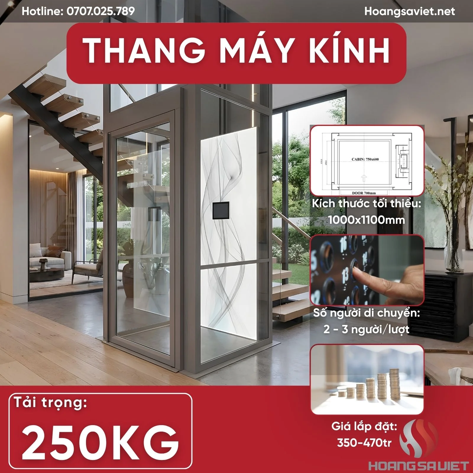 Thang Máy kính trong nhà 250kg