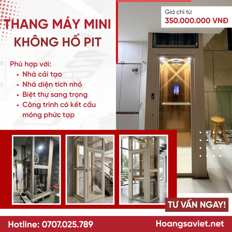 Thang máy mini không hố pit lắp đặt trong nhà phố/nhà cải tạo